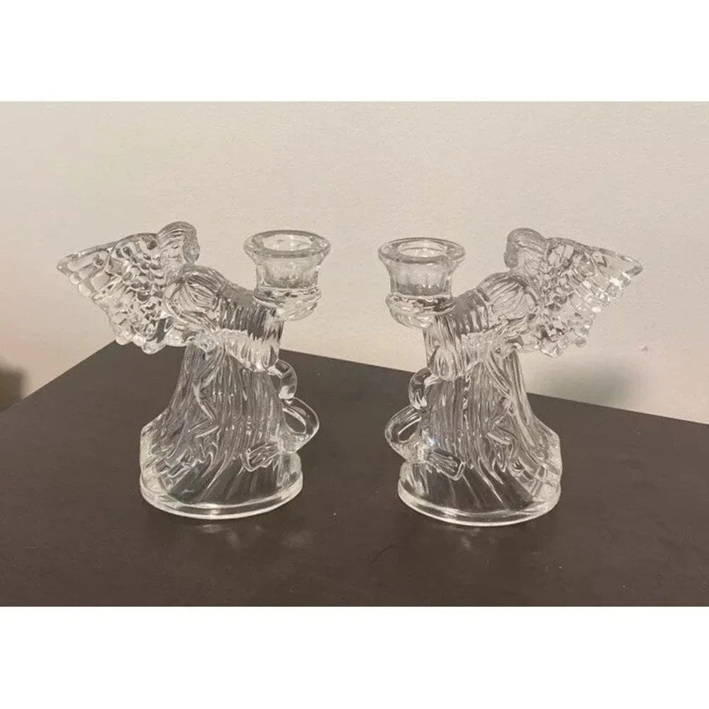 Mikasa Clear Glass Vintage Christmas Rejoice Angel Candle stick holders set of 2